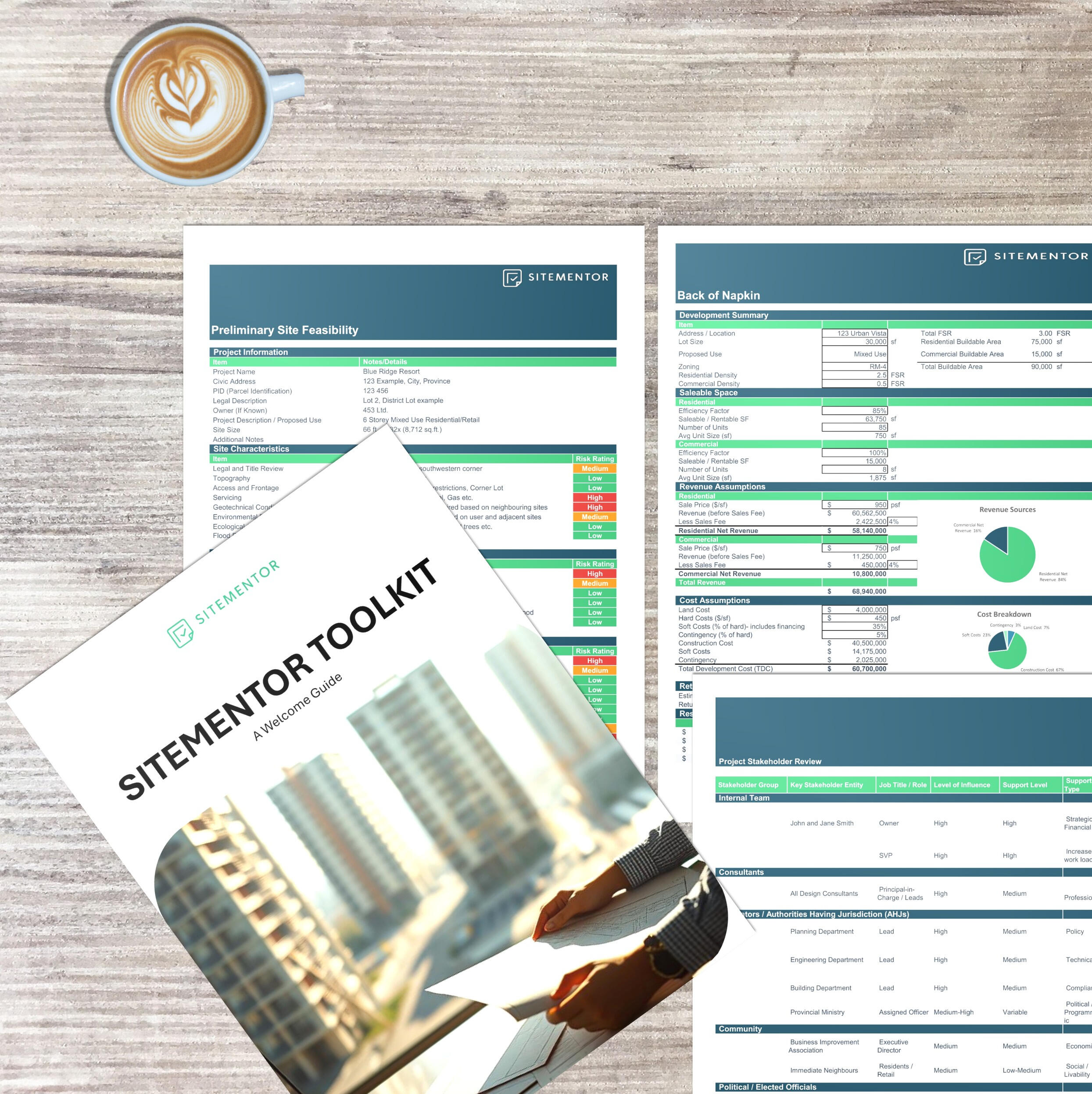 Image of the products provided by SiteMentor including a back of napkin proforma and checklists.